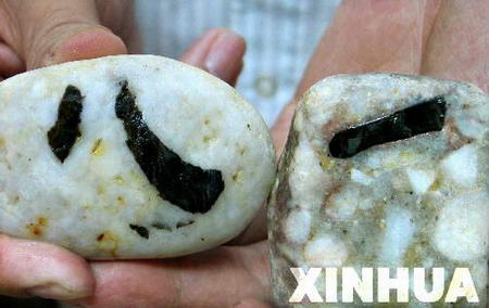 图文:南京一对奇石天然形成八一二个字