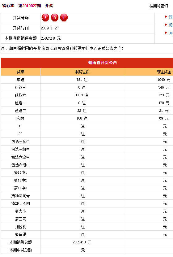 2019年1月27日湖南中国福利彩票开奖信息