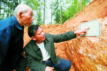昨日,当地村民在研究古墓的墓志铭。石祯专摄