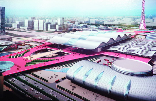新建武广铁路客运专线,新长沙站枢纽西广场鸟瞰图。