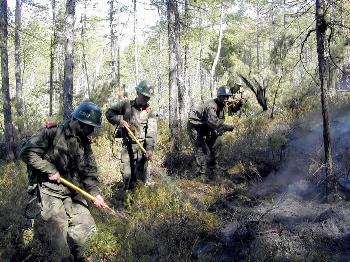 (2002年8月11日,在内蒙古大兴安岭6号温河灭火现场,武警森林部队官兵