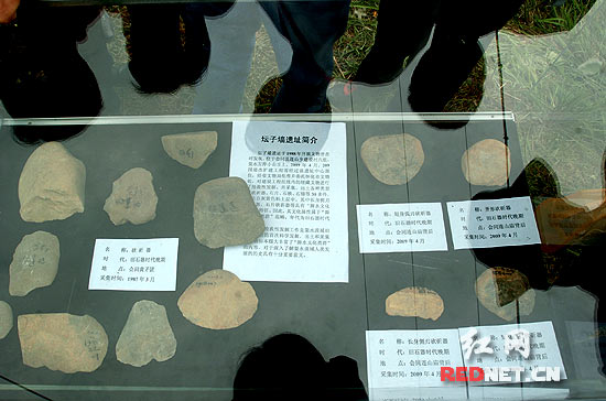专家学者观看在会同坛子颈出土的表明旧石器时期当地先民活动的石制工具。