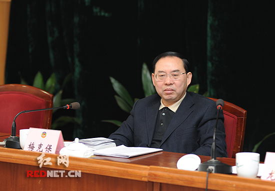 在政协湖南十届三次会议分组讨论会上,湖南省委副书记梅克保正在听钟
