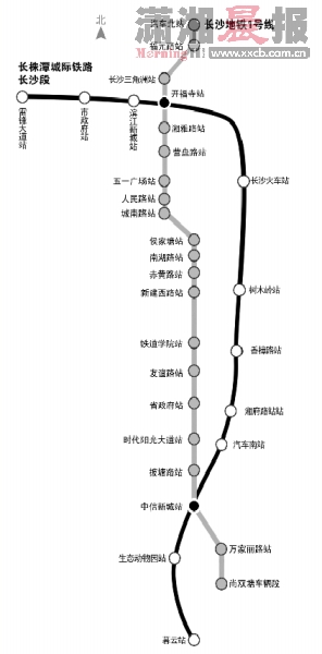 长沙地铁1号线,长株潭城际铁路长沙段示意图.制图/刘楠