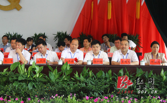 (左起)县领导赵宇,陈荣伟,市领导蒋桃生,县领导肖正科在主席台前排