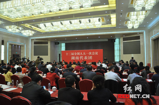 湖南代表团在驻地举行第三次全体会议，审议政府工作报告。