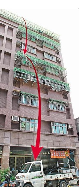 洪男从7楼顶垂降（箭头所示）欲到6楼女友家，却不慎撞破5楼遮雨棚，再坠落到货车车顶，弹落在马路上。（图片来自台媒）