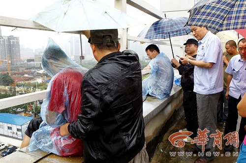 2名的哥已被劝下楼，还有两人坐在楼顶护栏边，有同事为他们撑起了雨伞 本报记者 闫文青 摄