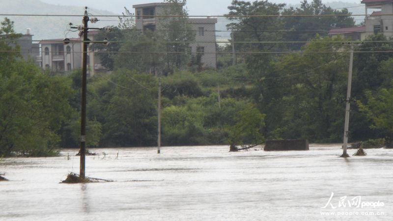 蓝山县城附近电杆全部被浸泡在洪水中