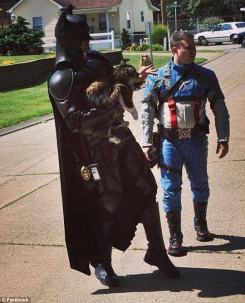 两名装扮成蝙蝠侠和美国队长的男子从西弗吉尼亚州一间起火民房中救出一只小猫。
