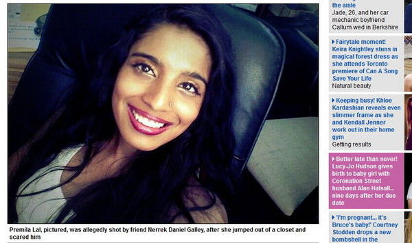 美国少女莱尔(Premila Lal)躲衣橱吓人,却遭朋友开枪误杀。(图片来源:《每日邮报》)