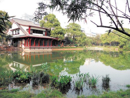 青年湖已注满清澈的湖水，湖四周的驳岸已软化处理，形成了比较平缓的草坡，在沿岸四周的浅水中栽种了荷叶、菖蒲等水生湿地植物。周柏平 摄