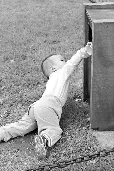 豆豆被铁链绊倒,仍坚持爬过去把可乐瓶扔进垃圾桶