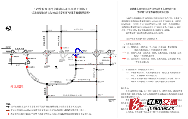 京港澳高速湖南段长沙李家塘收费站封闭施工期间南往北方向分流线路图。