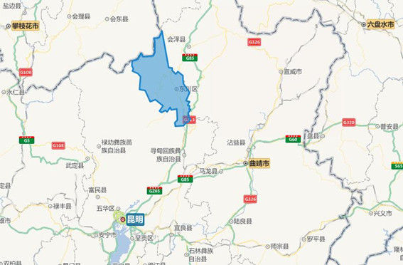 地震位置：图中蓝色位置为昆明东川区。