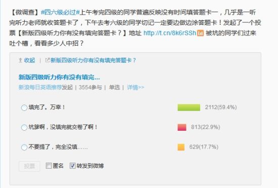 新浪教育调查:新版四级听力你有没有填完答题卡