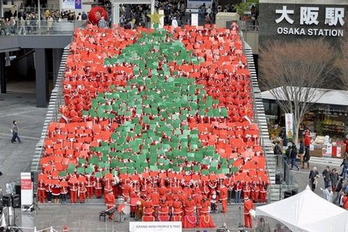 日本922名“圣诞老人”拼圣诞树创世界纪录（图）