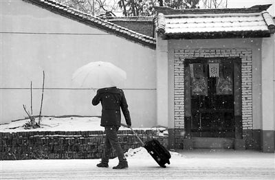 春节长假结束。陕西宝鸡，一位年轻人拖着行李冒雪离家出行。