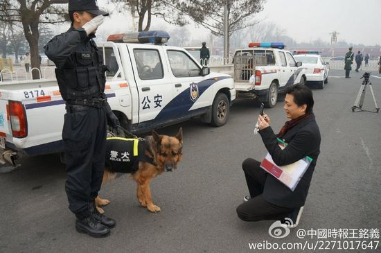 [视频]崔永元开两会蹲路边拍警犬 警卫合作敬礼 (图)