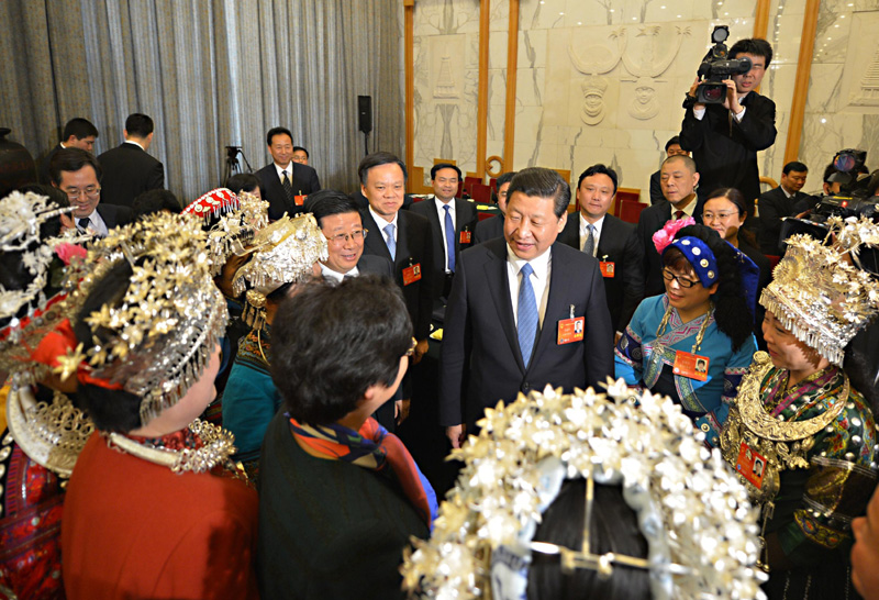 3月7日上午,中共中央总书记、国家主席、中央军委主席习近平来到参加十二届全国人大二次会议的贵州代表团,与代表一起审议《政府工作报告》。黄晓青 摄