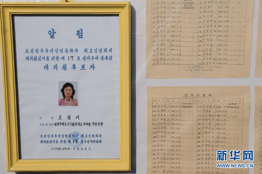 　　这是3月9日在朝鲜平壤第17选区拍摄的候选人和选民信息公告栏。 当日，朝鲜第13届最高人民会议代议员选举在首都平壤及各地举行。新华社记者杜白羽摄 