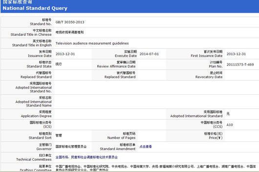 国家标准化管理委员会在其官网公布《电视收视率调查准则》