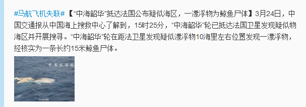 中海韶华轮抵法国公布疑似海区发现漂浮物为鲸尸