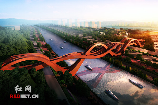 长沙梅溪湖“中国结”步行桥年底有望现雏形。