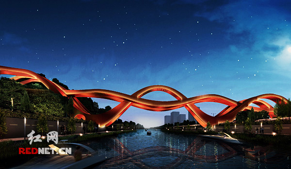 步行桥长183.95米，总宽11.5米，最小通行宽度2.5米，相对高度20.425米，位于长沙西郊梅溪湖梅岭公园南侧。