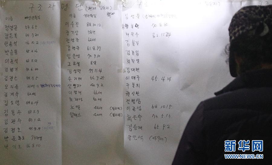 　　 4月16日，在韩国珍岛体育馆，一名家属查看获救人员名单。当日，韩国客轮“岁月”号在韩国西南海域疑似因触礁而倾覆。截至北京时间21时，韩国官方确认的数据包括，客轮发生海难时载有462人，174人获救，4人证实死亡，284人失踪。失踪人员的家属目前被安置在出事海域附近的全罗南道的珍岛体育馆等待消息。新华社记者姚琪琳摄 