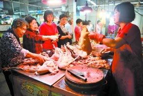 昨日上午9时许，多名师奶正在登峰综合市场买鸡。