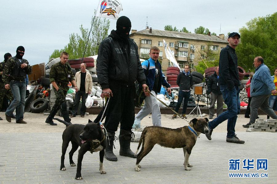 　　 5月8日，在乌克兰东部城市顿涅茨克，一名亲俄抗议者牵着两条狗站在州政府大楼前。乌克兰东部亲俄派8日宣布，他们仍将按计划于11日就今后自身地位举行公民投票，乌克兰全国和解前景仍不乐观。新华社发（亚历山大·叶尔莫琴科摄） 