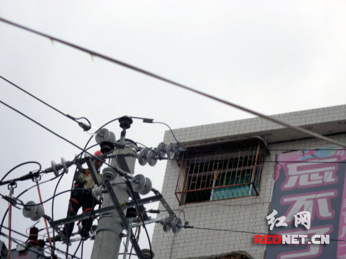 10千伏灵儒线高压线路技改现场。（地处为永顺县农机公司门口）。