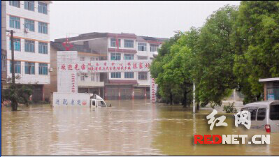 图为县道X029渔龙线陈家坊镇城区淹没路段。