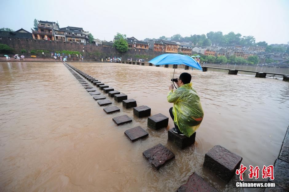 6月2日，连日的暴雨致湖南凤凰古城沱江河水位猛涨，古城内一景点跳岩石墩，几近被淹没。但大水难阻游客出游，水位猛涨的沱江河吸引了有众多游客前来合影留念。 杨华峰 摄 来源：中新网