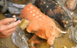 山西大同发现北魏石椁墓 出土红色牛拉车模型