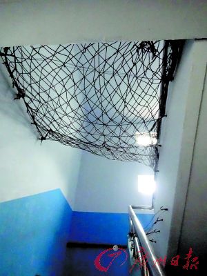 学校宿舍楼的楼梯处安装了防坠网。