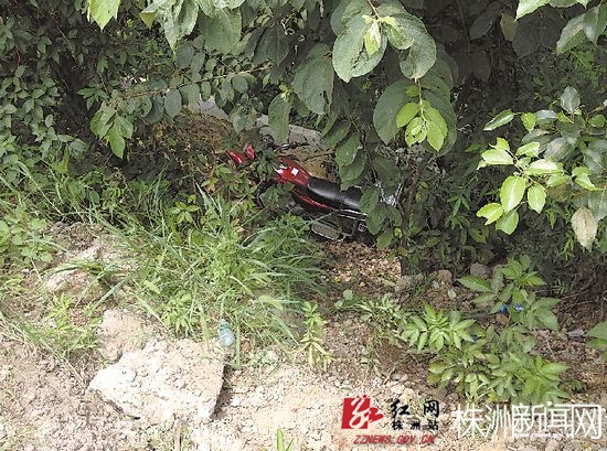 发生追尾事故后，摩托车侧翻在路边的沟里。陈驰/摄