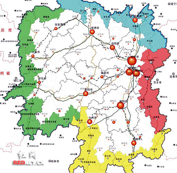 湖南省际边界县市分布图。