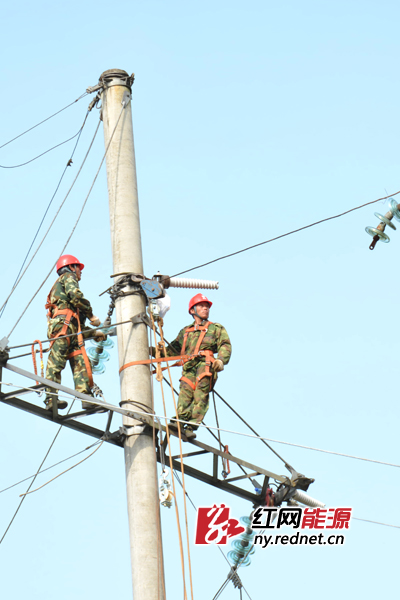 抢修人员正在更换导线。