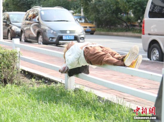 8月29日，哈尔滨市道里区北安街与经纬七道街交口附近，一女子在绿化带边上的铁栏上睡觉，让过往路人“赞叹”不已。中新社发 靖阳 摄 图片来源：CNSPHOTO