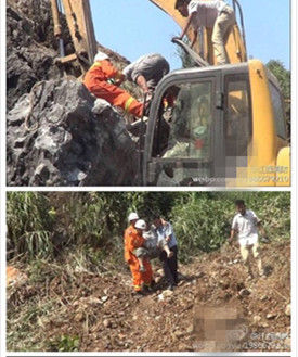 江西一采石场山体滑坡 挖掘机被砸中司机被困