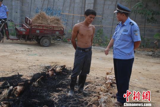 柳州市柳南区城管执法人员对前来烧狗的人员进行批评教育。 韦德盛 摄