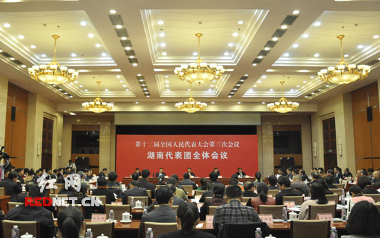 出席十二届全国人大三次会议的湖南代表团在驻地举行第一次全体会议。