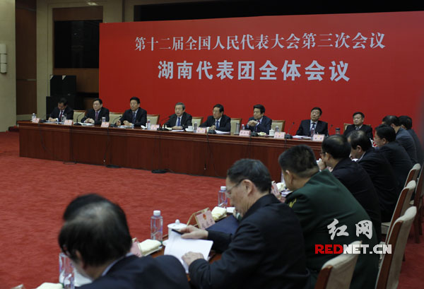 3月7日上午，湖南代表团举行第三次全体会议，审议政府工作报告，审查计划、预算报告。 殷建军 摄