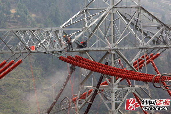 国网湖南电力员工在正负800千伏宾金线0923号铁塔上对绝缘子进行喷涂作业  罗勇智 摄