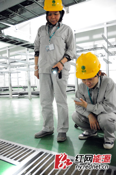 工作人员正在检查排水道积水情况