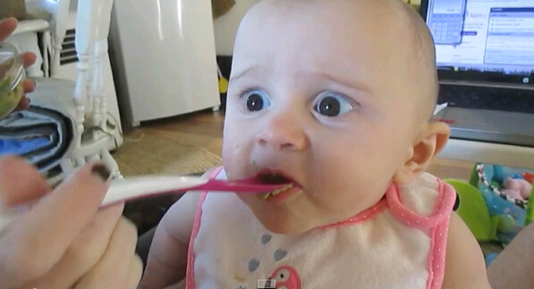 外国宝宝第一次挑战吃鳄梨,表情超萌(网页截图)