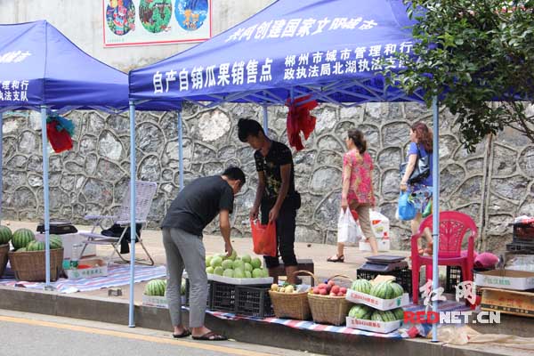 市民在自产自销瓜果临时销售点购买水果。