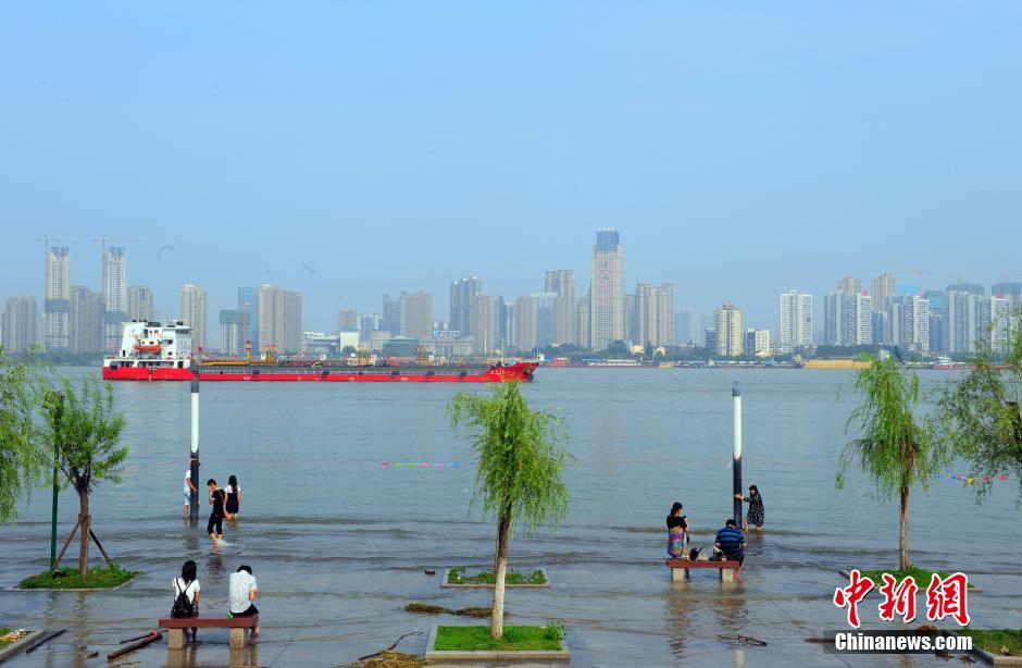 长江武汉关水位超过25米设防线 民众江边戏